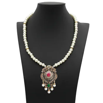 Vintage Blomst Strand Perle Vedhæng prydet Kvinder Antikke Simuleret-pearl Kæde tyrkisk Brude Indisk Bryllup Harpiks Smykker