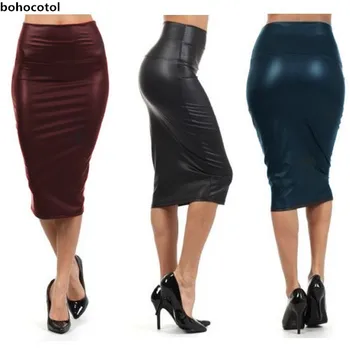 Bohocotol 2019 sommeren kvinder plus size høj talje imiteret læder nederdel, sort læder nederdel S/M/L/XXXL Drop shipping