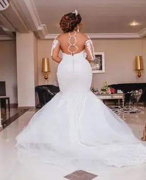 Luksus Afrikanske Havfrue Brudekjole 2021 Ren Og Skær Ryg-Lange Ærmer Illusion Arabisk Brude Kjoler