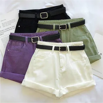 Shorts til Kvinder Sommer Denim Fast Crimpning Fritid Streetwear Korean Style 7-farve Kvinders Vintage A-line Høj Talje Chic Mode