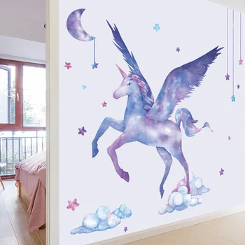 Romantisk stjernehimmel Unicorn Wall Stickers til børneværelset Børnehave Flytbare Vinyl vægoverføringsbilleder Børn, rum Udsmykning Vægmalerier