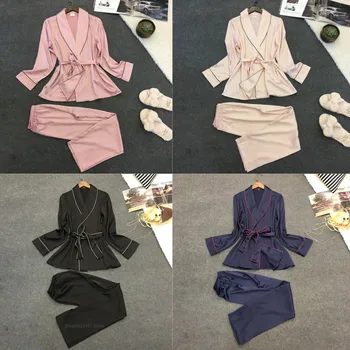2020 Silke Satin Sexy Pyjamas Sæt Til Kvinder, der Passer Pink Hjem Bære Nattøj Polyester Natten Lang Ærmet Loungewear 2stk Top Bukser