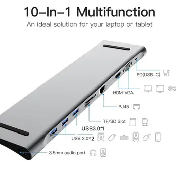 10 I 1 Multi USB-C-HUB Til HDMI-VGA-kompatibel USB-Audio-Adapter Til MacBook Type C-HUB-Dockingstation Til Bærbar