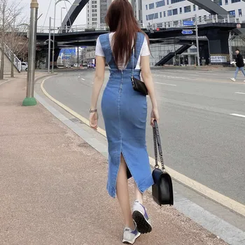 Streetwear Kvinder Hofteholder Lange Nederdele Jeans 2020 Sommeren Sexet Split Casual Slim Denim Rem Buksedragt Skrits Femme Saia Longas