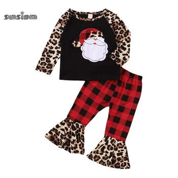 2STK Jul, Tøj Piger, Tøj til Santa Claus print langærmet Top+ Blusset Plaid Leopard Bukser Xmas Ferie Tøj