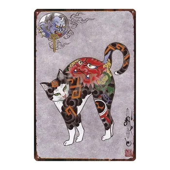 Japansk Samurai Kat Tatoveringer Kat Pet Tegn Metal Dyr Tin Tegn Vintage Plader Til Væg Kunst Retro Home Decor 30X20CM DU-2453A