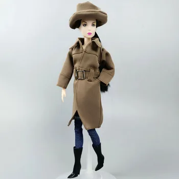 Khaki Mode Dukke Tøj til Barbie Dukke Tøj Pels Trenchcoat Tøj, Hat til Barbie Dukke Sort Høj Hæl Sko Støvler