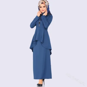 Arabiske Dubai Muslimske Abaya Kjoler Kvinder Falske To Stykker Lange Bodycon Kjole Slim Flæsekanter Lange Ærmer Islamiske Dress Plus Størrelse S-5XL