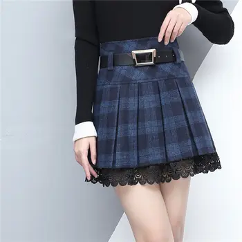 2020 efteråret nye plaid nederdel kort kvindelige stor størrelse høj talje knipling, patchwork-plisseret nederdel koreanske blonde nederdel med bælte