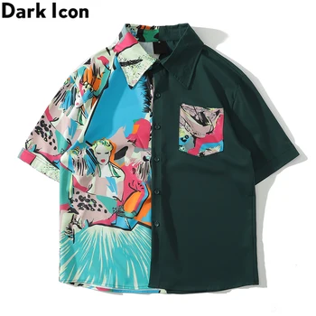 Mørke Ikonet Patchwork Hawaii Skjorte til Mænd Turn-down Krave Skjorter til Mænd 2020 Sommeren Mand Tøj