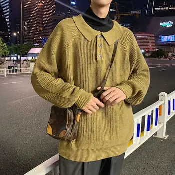 Vinteren Revers Sweater Mænd er Varme Mode Solid Farve Casual Strikket Pullover Mænds Løs koreanske at Strikke Trøjer Herre Tøj