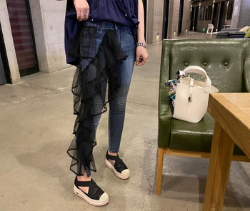 Høj talje jeans kvinde mesh patchwork street style denim bukser Bomuld jeans Vintage Vasket boyfriend jeans 2020