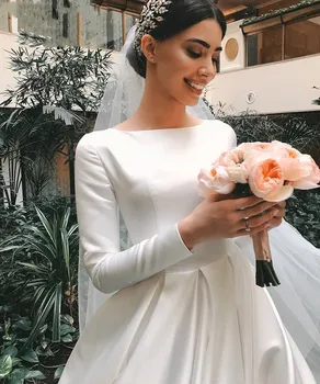 JIERUIZE Hvid Satin Wedding Kjoler, Lange Ærmer Muslimske Bryllup Kjoler Kjoler til Brudens robe de mariee