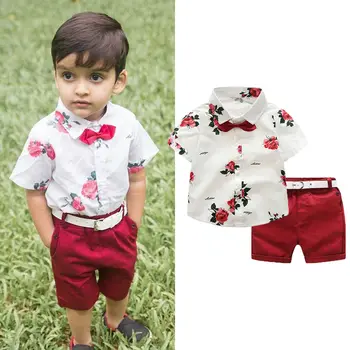 Børn Dreng Herre Tøj Buksetrold Barn, Hvid Blomst Bowtie Shirts, Røde Shorts 2 Stykke Tøj Sæt Nye Sommer