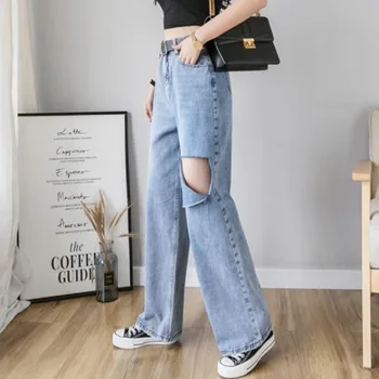 Kvinde Jeans Med Høj Talje Slidte Jeans 2019 Efterår Og Vinter Tøj Bred Ben Denim Blå Tøj Streetwear Mode Vintage Bukser