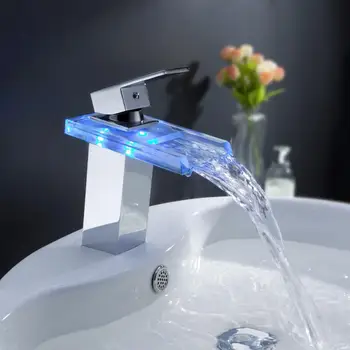 Vask Vandhane Glas, Messing Vandfald LED Vandet Skifter Farve Koldt-Varmt Mixer Køkken Tryk Dæk Monteret Vaske til Badeværelse Basin Indretning