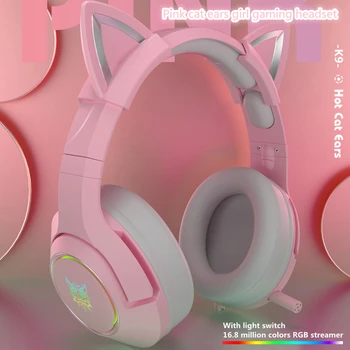 Nyt produkt K9 pink kat øre søde pige gaming headset med mic ENC støjreduktion HiFi 7.1-kanal RGB kabel hovedtelefon