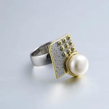 Barok perle ringe til kvinder smykker 925 sterling sølv 10mm perle ringe guld håndlavet design geometriske frontplade naturlige