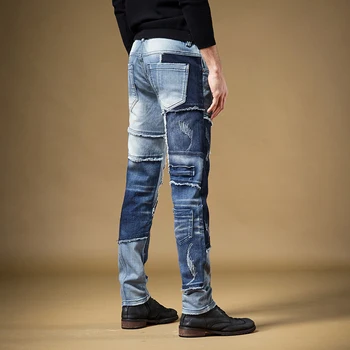 Mænd Patchwork Jeans Retro Strækning Lige Bukser, Slim Fit Streetwear Blå Denim Bukser