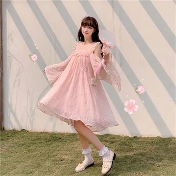 Off Skulderen Japansk Kawaii Søde Søde Bløde Girly Pink Kvinder Kjole 2020 Sommer Peter Pan Krave Flare Ærmet Dame Kjoler