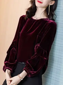 Mode koreanske kvinder Autunm lange ærmer velour bluse toppe,plus size Vinter velvet shirtscandy farve Foråret toppe 5XL 6XL 7XL