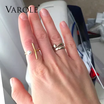 VAROLE Minimalistisk Linje, og Shell Pearl-Ringe, Justerbar Størrelse Guld Farve Midi Ringe til Kvinder i Rustfrit Stål Ring Anel
