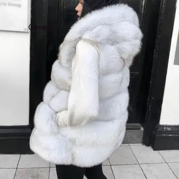 Mode Nye Faux Fur Vest Kvinder Hooded Mellemlang lang Lodret Solid Farve Stribe Pels Kunstig Ræv Pels Stor Størrelse Jakke