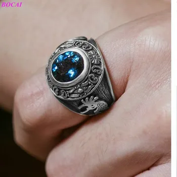 BOCAI S925 sterling sølv ring for Mennesket totem syntetiske blå krystal mandlige karakter Mands mode Thai sølv smykker ring