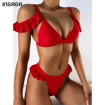 INGAGA Push Up Bikini Flæsekanter Kvinders Badetøj Badetøj, Sexet g-streng Biquini 2021 Nye Badetøj Rød Høj Talje badetøj Kvindelige