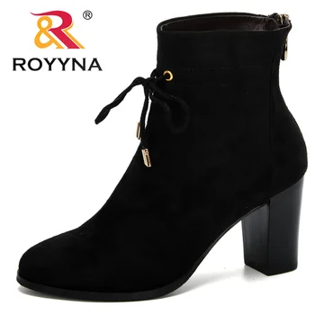ROYYNA 2020 Nye Designere Flok Lynlås Solid Short Boots Kvinder med Høj Hæl Enkelt Sko Damer Støvletter Botas Mujer Invierno Trendy