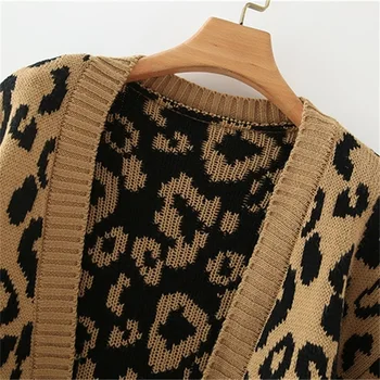 2020 Falde Kvinder Nye Mode til Alle-match Løs V-hals Lange Ærmer Leopard Print Puff Ærmer Strik Cardigan Sweater