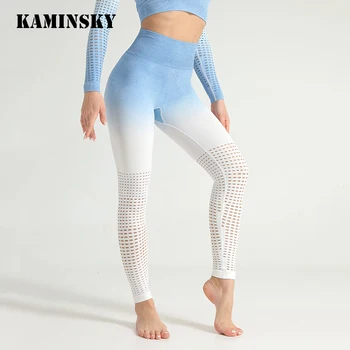 Kaminsky Høj Talje Problemfri Leggings Kvinder Hule Ud Fitnesscenter Legging Super Elastisk Trænings Bukser Spandex 20% Gradient Varme