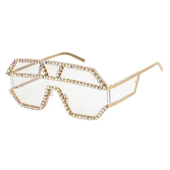 Mode Overdimensionerede Pladsen Diamant Solbriller Kvinder Luksus Brand Designer Ét stykke Glas Metal Rhinestone Briller oculos