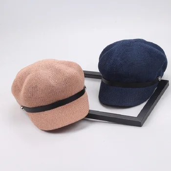 Sommer Fashion Kvinder Linned Avisdrenge Ottekantede Hat Med Læder Bælte Maler Beret Hatte Gatsby Golf Cap-Caps Cabble