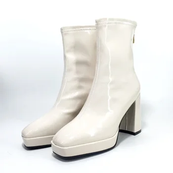 Punk microfiber patent læder kvinder ankel støvler side lynlås chunky høje hæle platform pumper efterår og vinter party sko kvinde