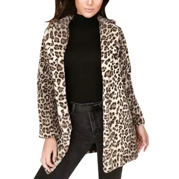 Kvinder Leopard Print Lang Cardigan Plys Pels Efterår og Vinter Kvinder Sexy Revers Løs Cardigan Sweater Plys Slank Jakke