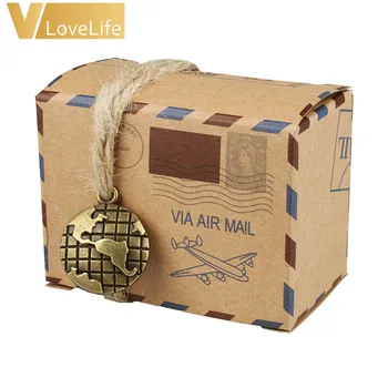 50stk Kraft Vintage Travel Slik Kasser med Verden og Kompas Chokolade Emballage gaveæske og Gaver Taske Party Bryllup Favoriserer
