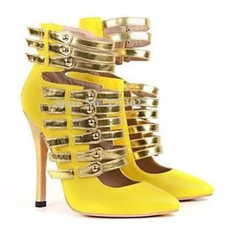 Gul Farve Gold Strap Kvinder Sandaler Sko Mode Design Spænde Remmen Stilethæl Hæl Pumper Sko Dame Store Størrelse Ankel Støvler