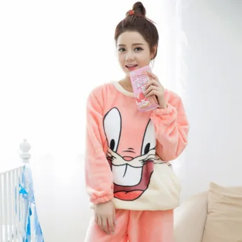 Koreanere Søde Bugs Bunny Pjs Kvinder Pyjamas Passer Vinteren Hjem Tøj Velvet Coral Plus Size Pyjamas Varmt Flannel Pijama Mujer Sæt
