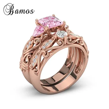 Bamos Pink Prinsesse Cut Zircon Engagement Ring Sæt Vintage Rose Guld Farve Vielsesringe For Kvinder Luksus Smykker 2018 Ny