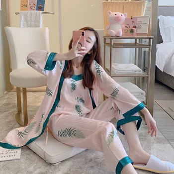 Kvinder Pyjamas 3 Stykker Silke Satin Nattøj Japan Style Kimono Sæt Sexet Tøj Hjem Søvn Lounge Nattøj Undertøj Undertøj