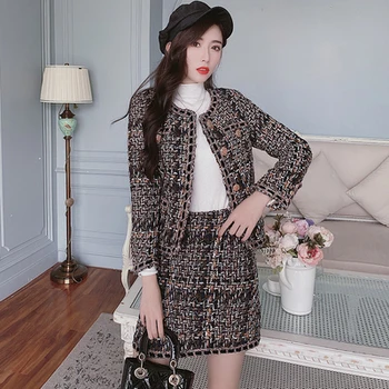 Vintage Elegante Tweed To-delt Sæt Tøj Kvinder Single-breasted Pels + Mini Nederdel Passer til 2020 Efteråret koreanske Damer Sæt Tøj
