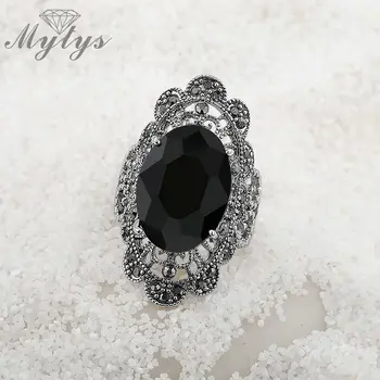 Mytys Vintage Blomster Ring i Antik Stil Sort Krystal Punk Design Oval Krystal Ring for Kvinder R1037
