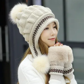SUOGRY Vinter Hat Kvindelige Efterår og vinter Fashion Kvinders Kvindelige tåkappe Nye Varme Handsker + strik hat