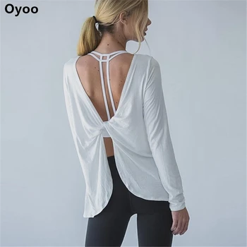 Oyoo twist tilbage lange ærmer drapere uddannelse sport top-solid hvid let yoga-shirts løs kvinders bluse
