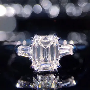 AU750 1ct Smaragd Cut Solid 18K Hvide Guld DF Farve Moissanite Ring-Side Baguette Ring Lab Diamant Ring For Kvinder