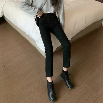 Kvinder med Høj Talje Jeans Straight Efterår og Vinter koreansk Stil Trendy Tynd Ankel-længde Studerende Alle-match BF Ulzzang Smarte Bukser