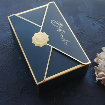 10stk Guld Indhylle Blå Bedste Ønsker Design Cookie Chokolade Macaron Papir Kasse Bryllup Fødselsdag Gaver Emballage Kasser