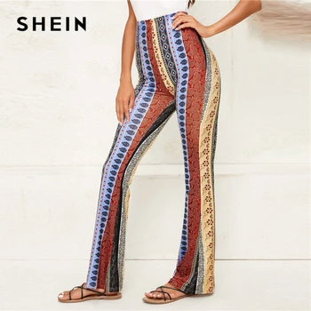 SHEIN Flerfarvet Flare Ben Tribal Print Bukser Kvinder 2020 Efteråret Damer Boheme-Lange Bukser med Elastik i Taljen Skinny Bukser