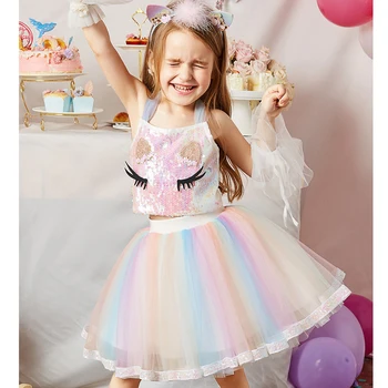 2021 Forår, Sommer Piger' Tøj Sæt Sequined Toppe+Rainbow Mesh Nederdel 2stk Passer til Prinsesse Barn Baby, Børn, Børn Tøj